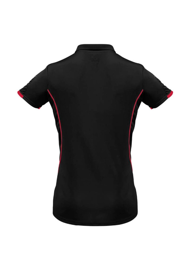 A black women's short sleeve polo shirt featuring contrasting red details and a logo on the back.