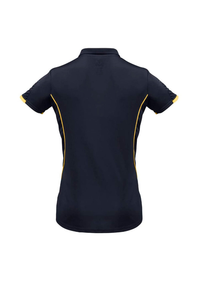 A women's short sleeve polo shirt in navy with yellow accent detailing and a logo.