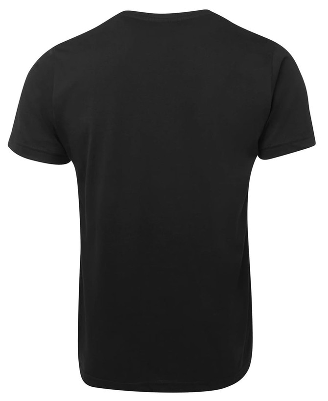 A black V-neck T-shirt with short sleeves and a plain back design. It features a branding logo.