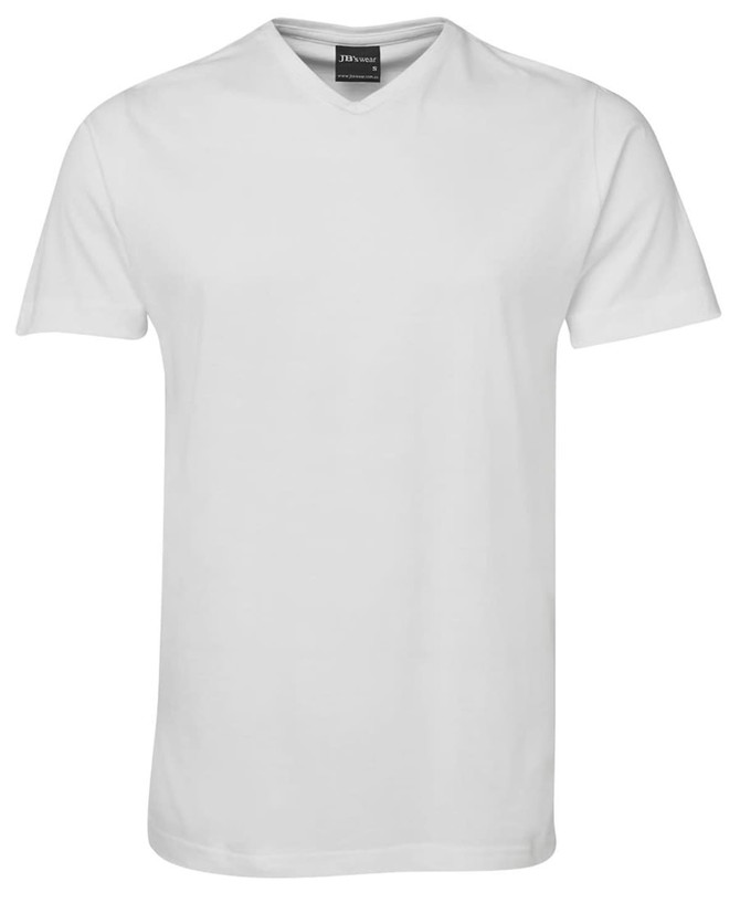 A white V-neck T-shirt featuring short sleeves and a minimalistic design, with a logo at the neck.