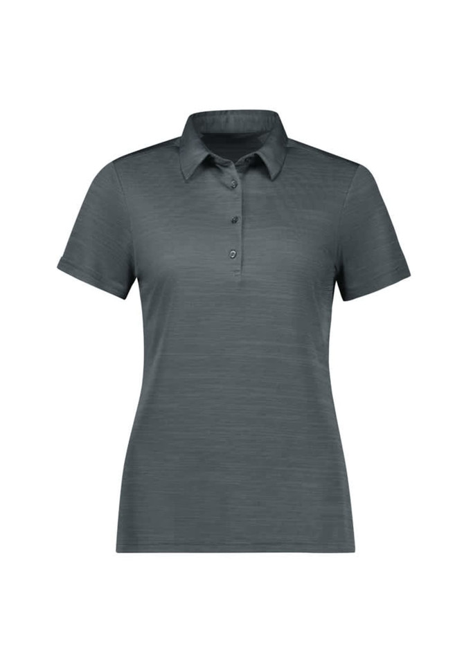 A women's polo shirt in a dark teal colour, featuring short sleeves and a collar, with a logo present.
