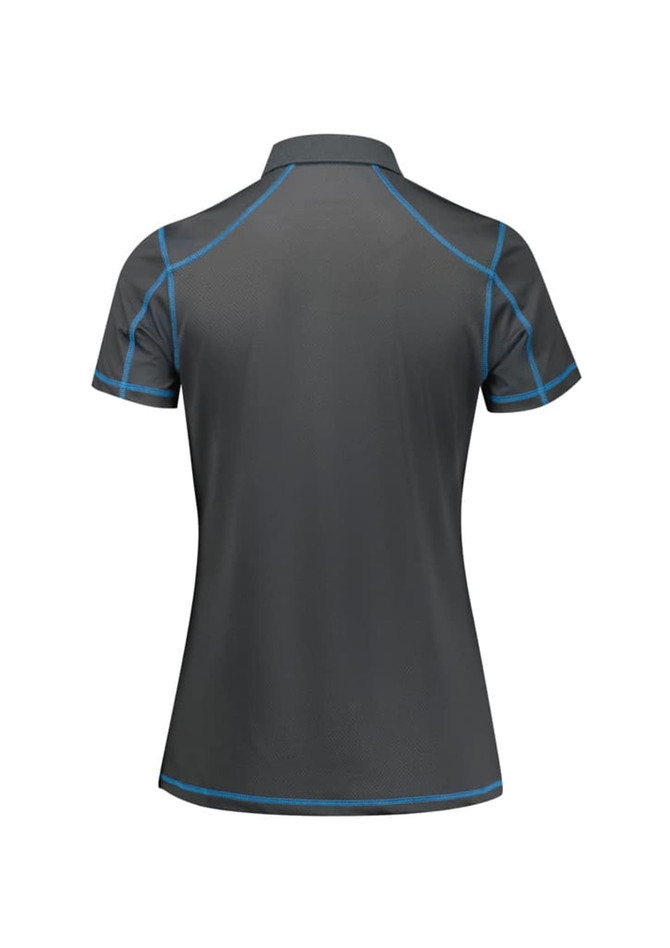 A women's short sleeve polo shirt in dark grey with blue piping, featuring a logo on the back.