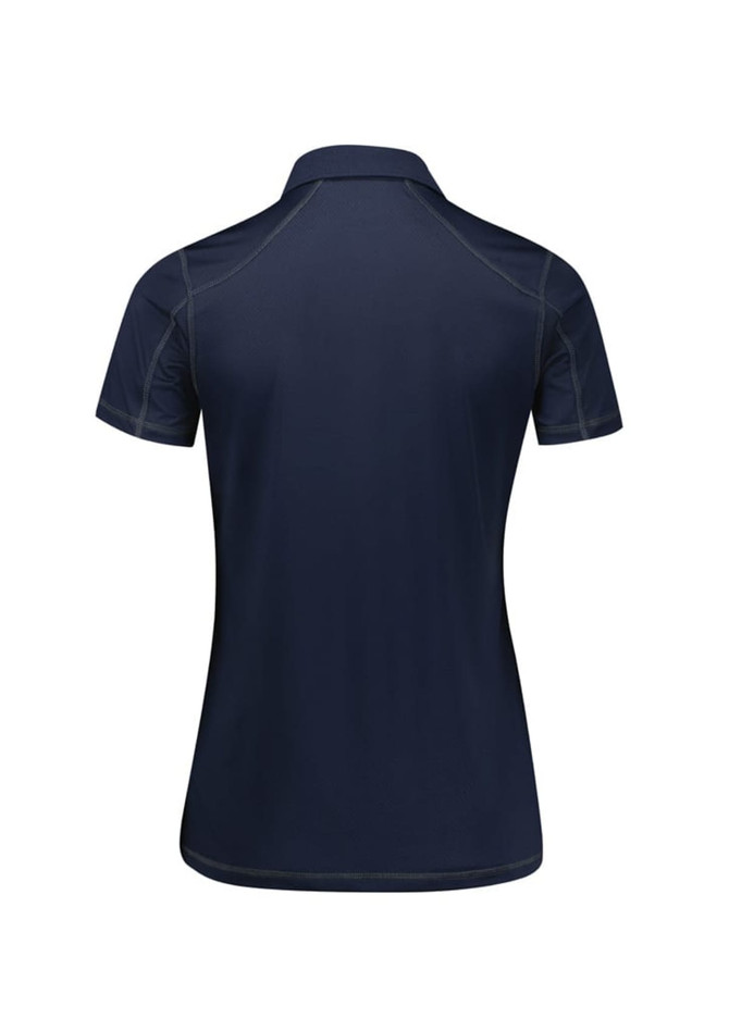 A navy women's short sleeve polo shirt with a fitted design and a logo on the back.