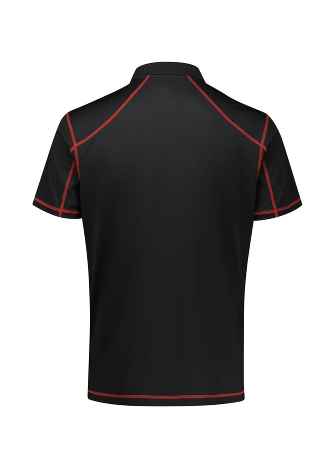 A black short sleeve polo shirt with red accents and a logo on the back.
