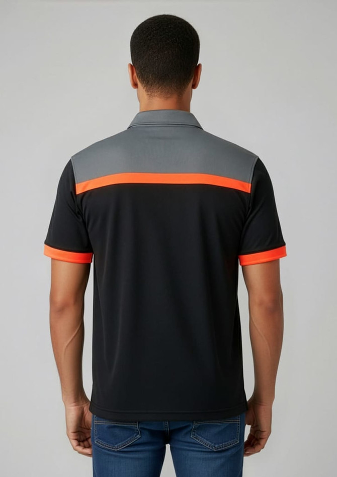 A men's short sleeve polo in black with grey and orange accents, featuring a logo on the back.
