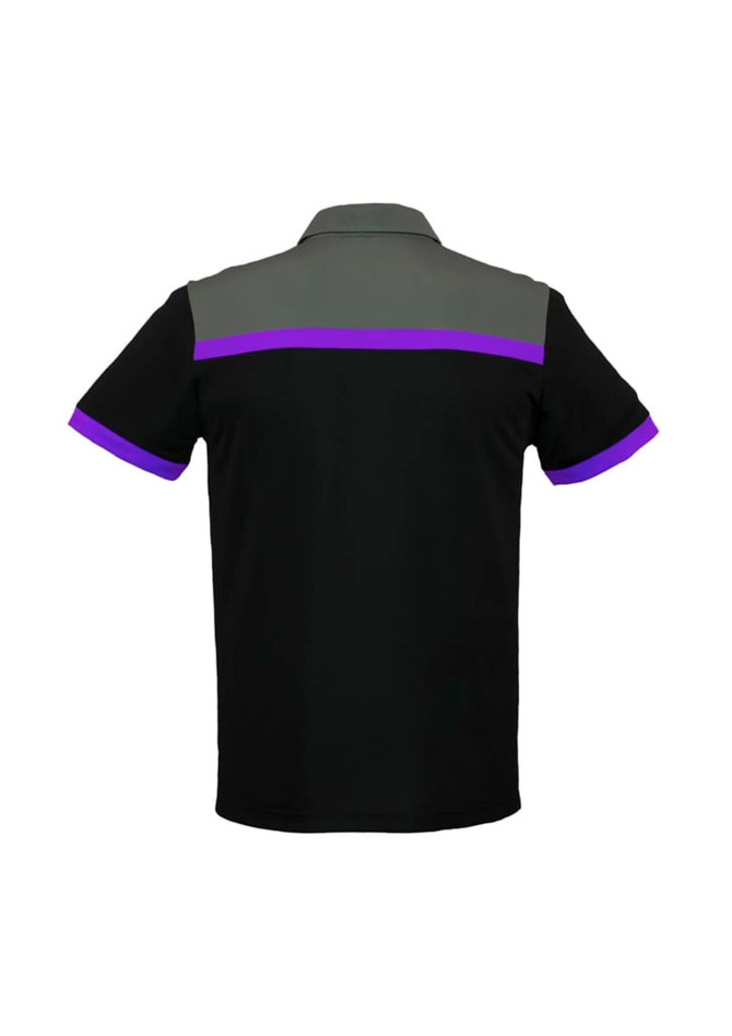 Men's short sleeve polo shirt featuring black fabric with grey and purple accents, including a logo.