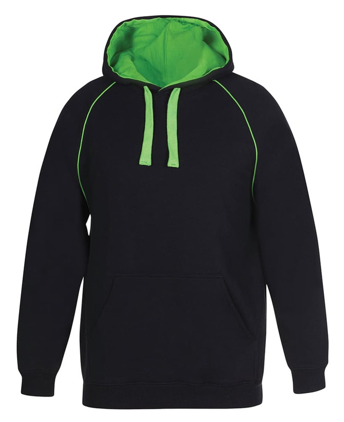A black hoodie with a green interior and contrasting green stitching. It features a front pocket and a hood.