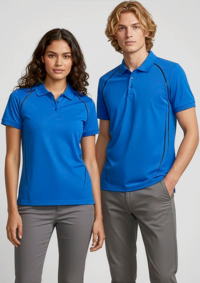 A blue short sleeve polo shirt for women, featuring contrast stitching and a logo. Modelled by a woman and a man.