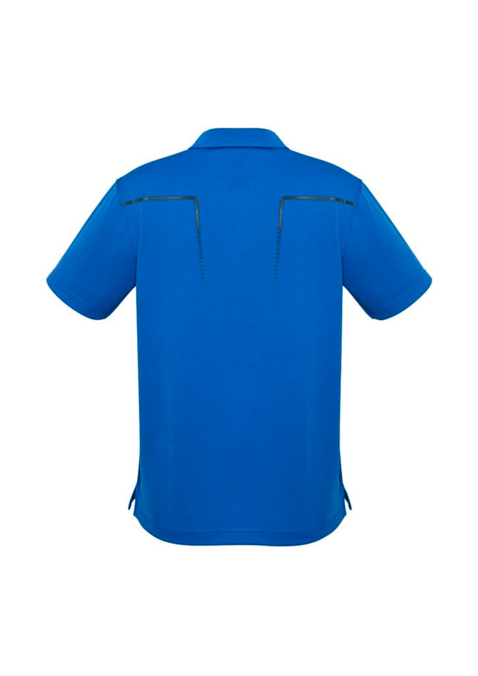 A blue short sleeve polo shirt featuring a logo and stylish back design.