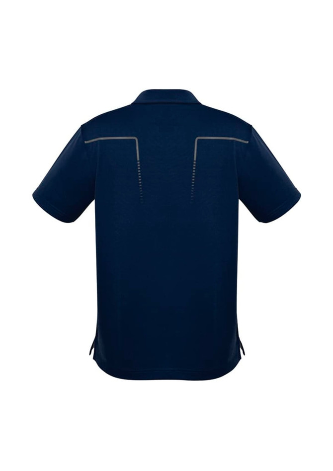 A navy blue men's polo shirt with short sleeves and a design featuring stitching details on the back.