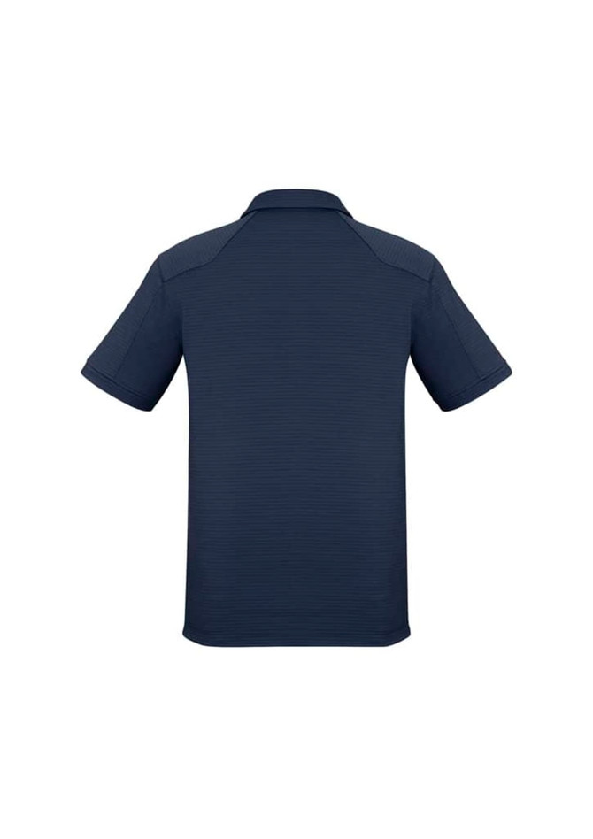 A navy blue men's short sleeve polo shirt with a collared neck and a logo on the side.