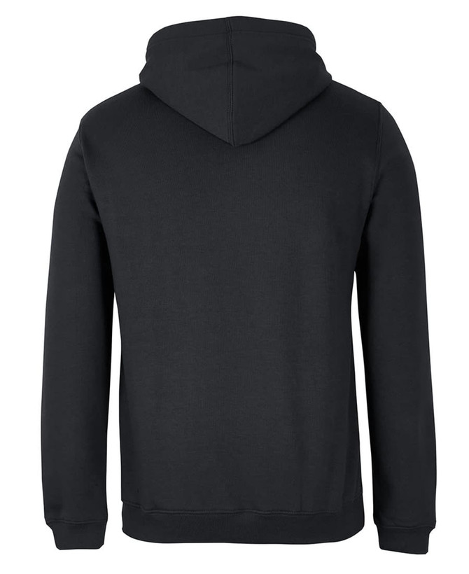A black hoodie featuring a hood and long sleeves. The back view shows a plain design without any visible logos.