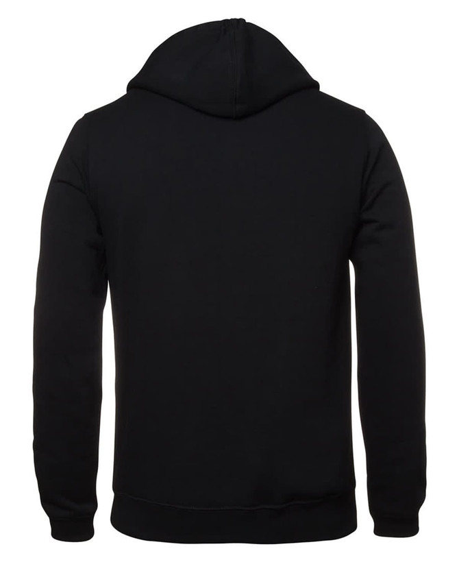 A black hoodie featuring a hood and a plain back design. It includes a branding logo.