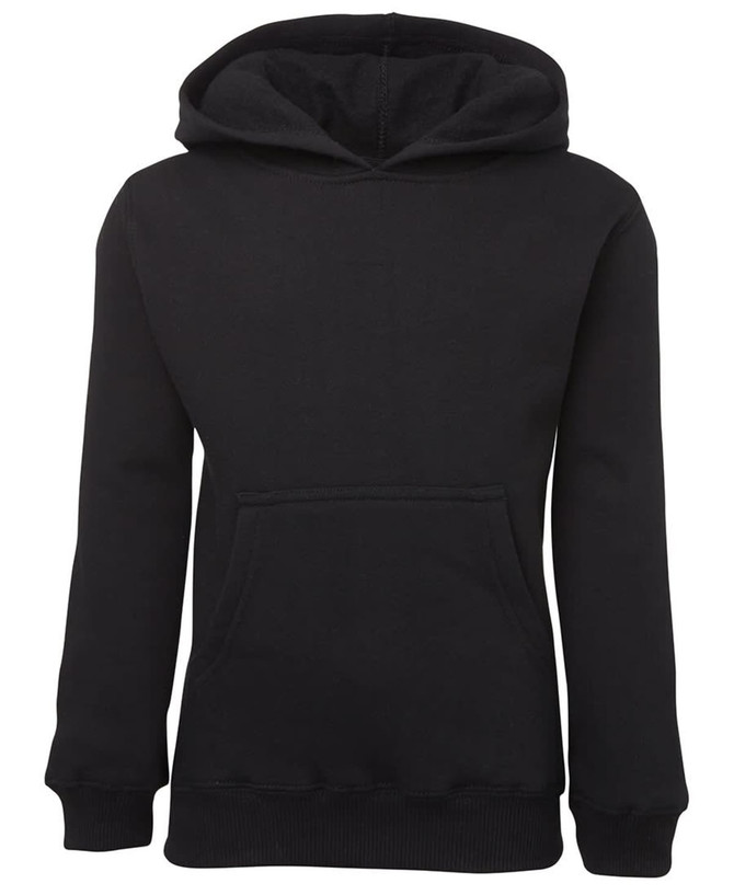 A black hoodie featuring a front pocket and a large hood, with a logo on the garment.