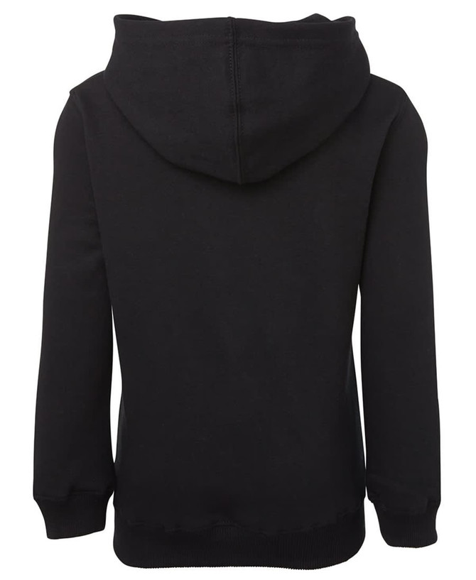 A black hoodie with a hood and long sleeves, featuring a brand logo on the back.