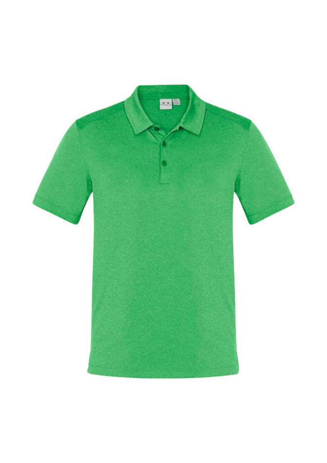 A green men's short sleeve polo shirt with a collar and three buttons, featuring a logo on the chest.