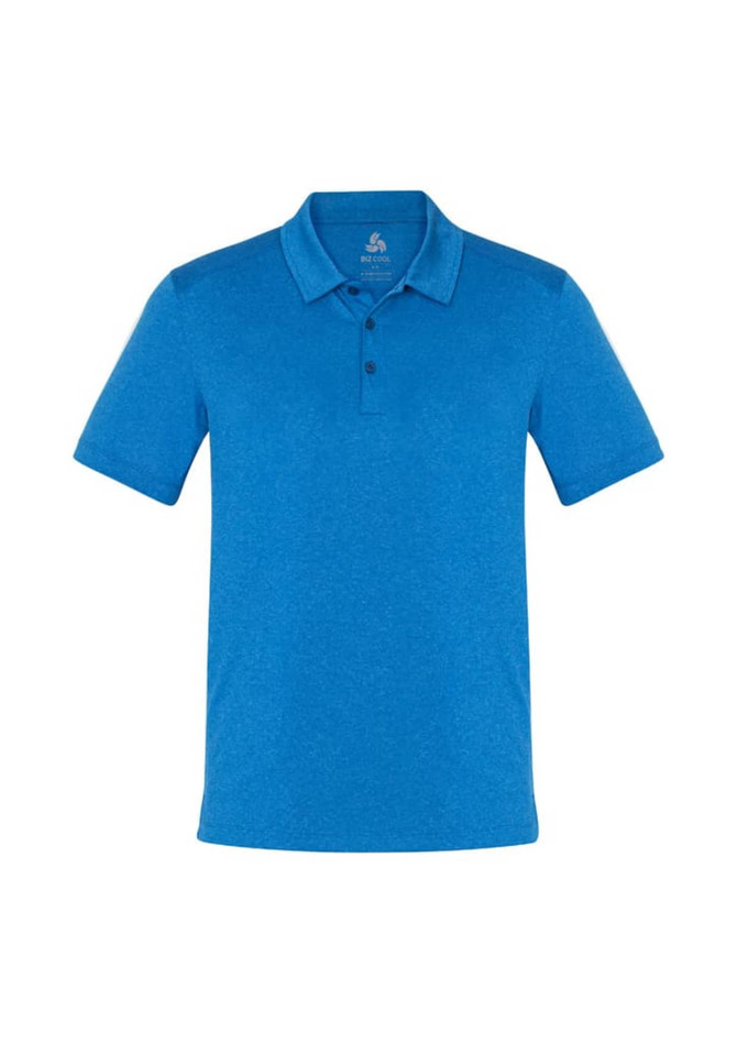 A short sleeve polo shirt in vibrant blue with a collar and three buttons, featuring a logo.