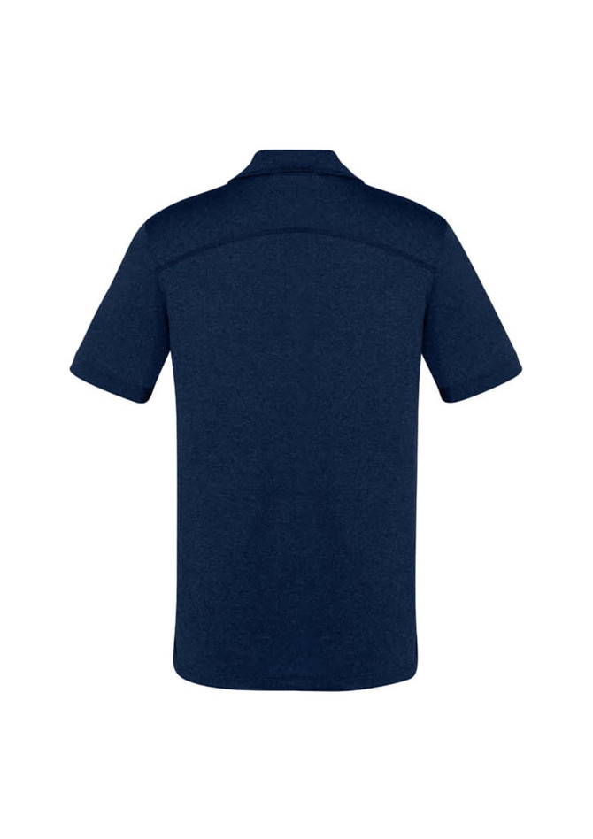 A dark navy men's short sleeve polo shirt featuring a simple design and a logo on the back.