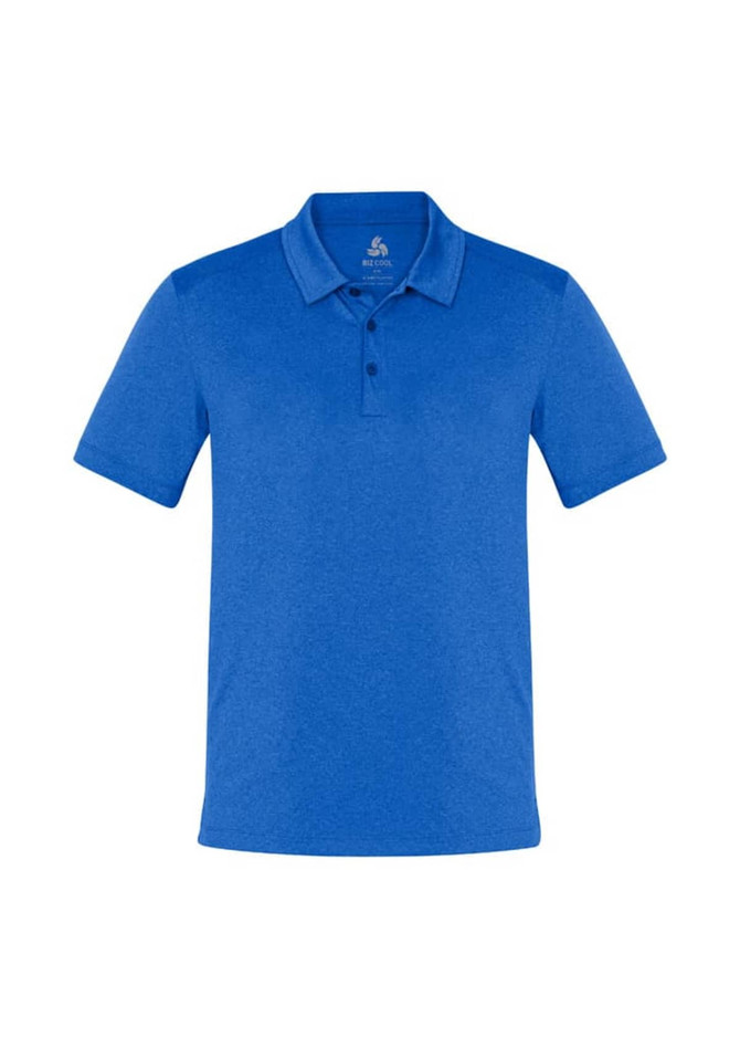 A blue men's polo shirt with a collar and button placket, featuring a logo on the chest.