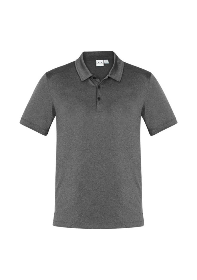 A dark grey short sleeve polo shirt featuring a collar and a logo. Suitable for casual or semi-formal occasions.