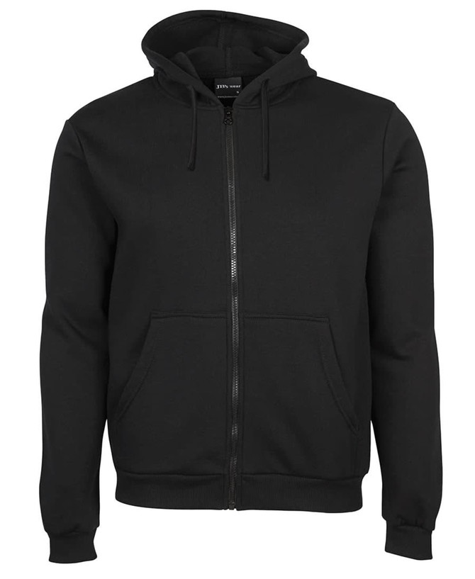 A black zip-up hoodie featuring a front pouch pocket and a hood. It has a branding logo.