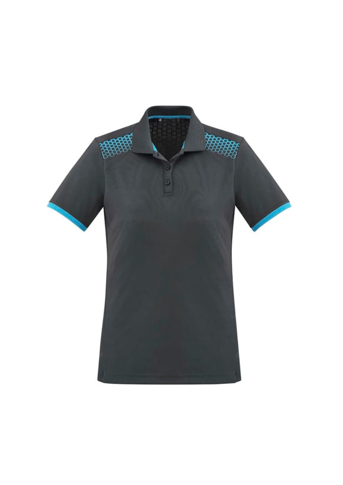 A women's short sleeve polo shirt in dark grey with blue accents and a patterned yoke. It features a logo.