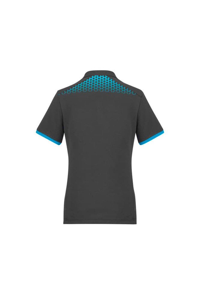 A black women's polo shirt featuring a blue grid pattern on the back and blue accents on the sleeves.