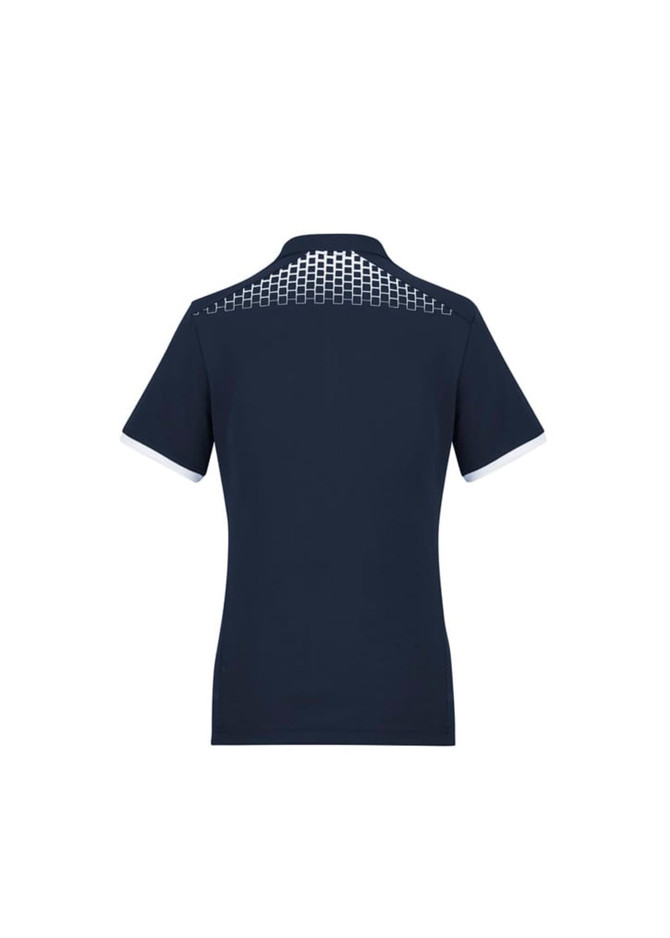 A navy women's short sleeve polo shirt featuring a patterned design at the back, with white detailing on the sleeves.