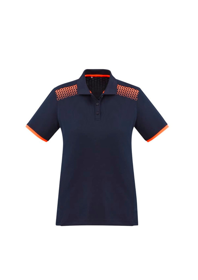 A navy women's polo shirt with orange accents and a patterned design on the shoulders. Features a collar and short sleeves.