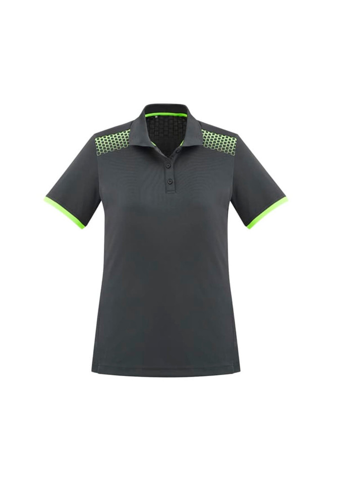 A women's short sleeve polo shirt in dark grey, featuring neon green accents and a logo on the chest.