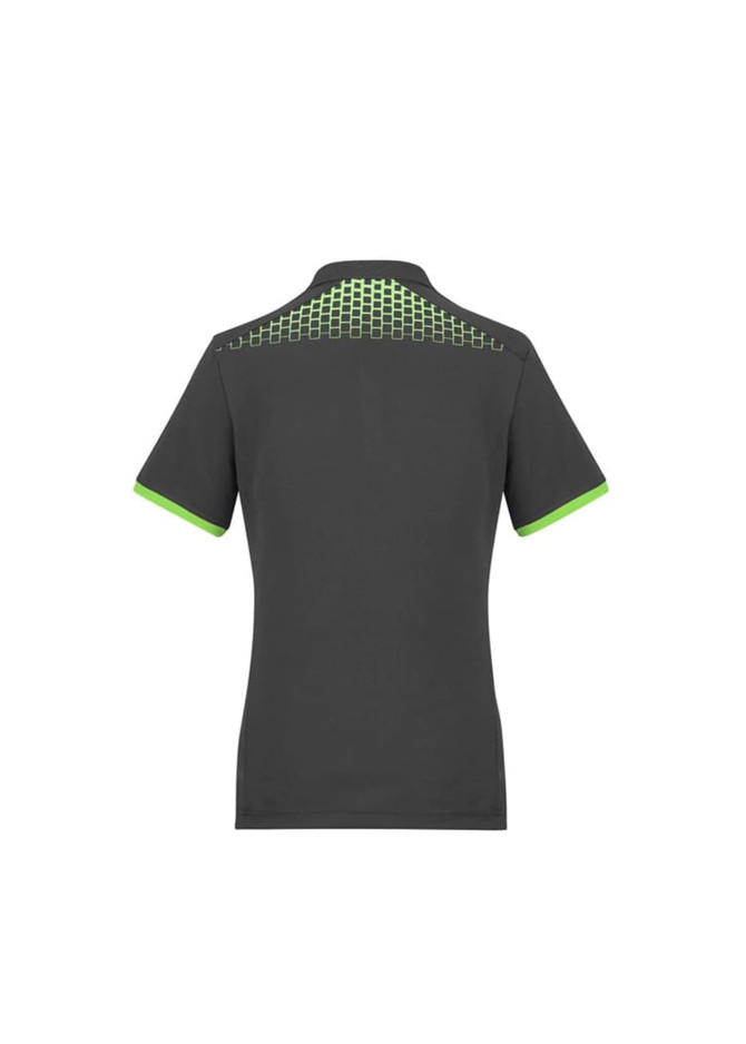 A dark grey women's polo shirt featuring a green geometric design on the back and a logo on the chest.