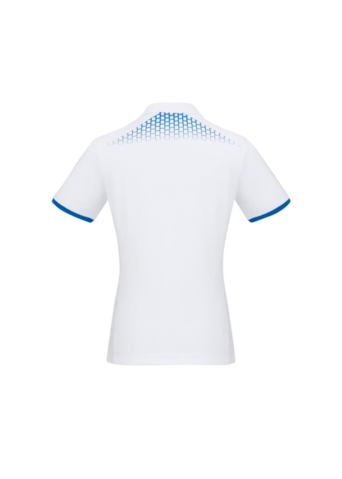 A white women's short sleeve polo shirt with a blue patterned design on the back and blue trim on the sleeves.