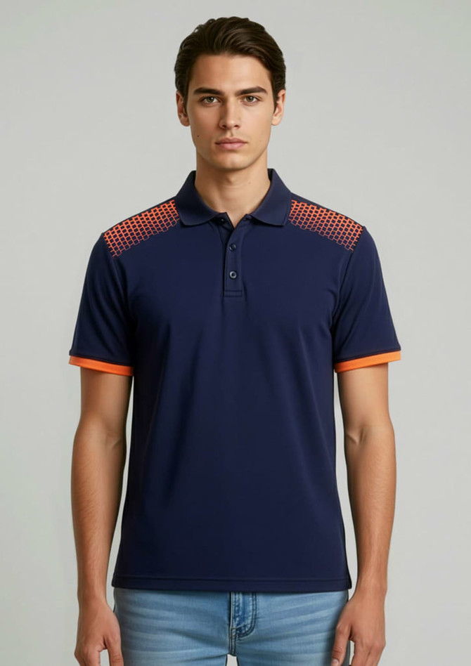 A navy blue short sleeve polo with orange accents on the shoulders and sleeves, featuring a logo.