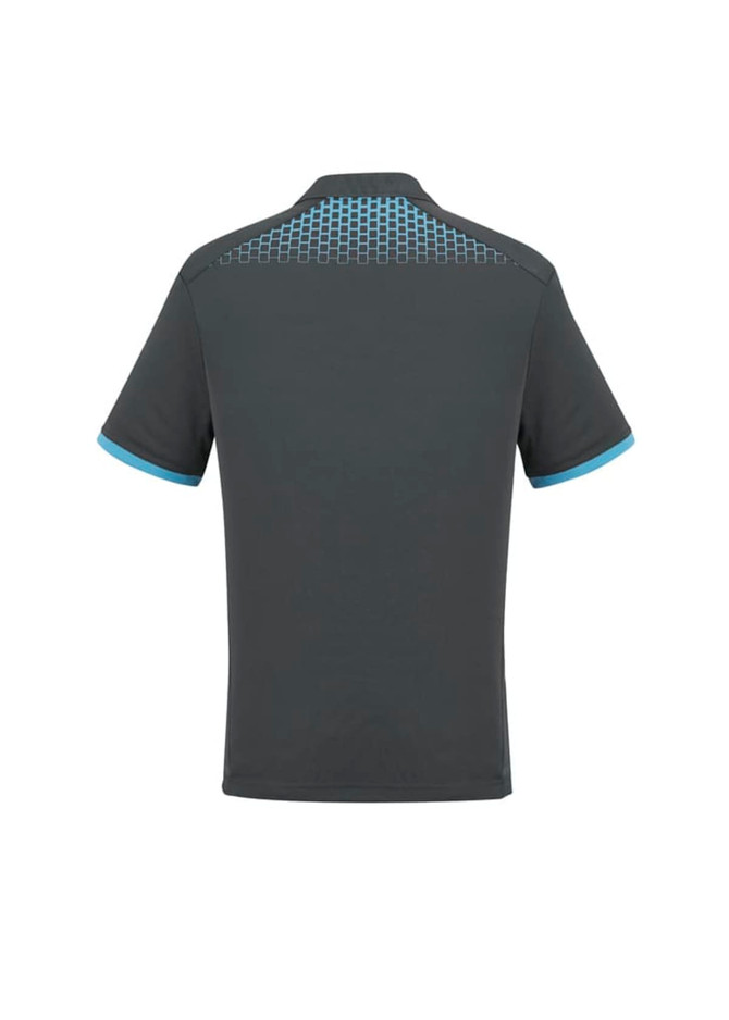 A dark grey men's polo shirt with light blue accents and a patterned design on the back. It features a logo.