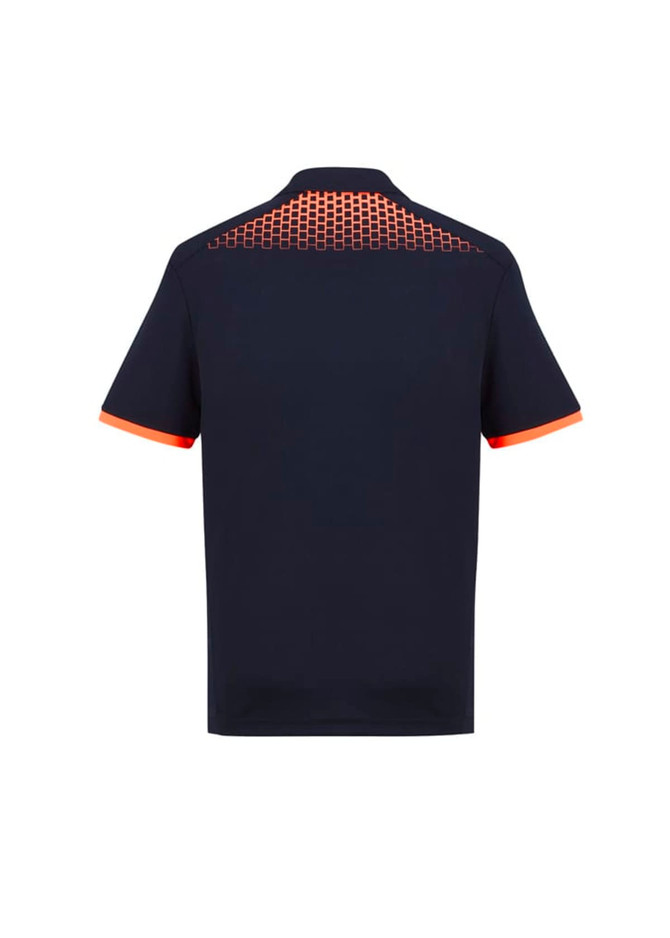 A navy short sleeve polo shirt featuring an orange grid design on the back and contrast sleeves. Includes a logo.
