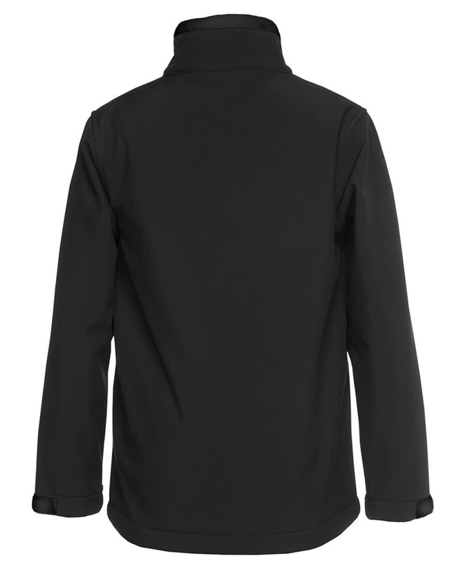 A black soft shell jacket with a high collar, featuring a sleek, smooth finish and an adjustable sleeve design.