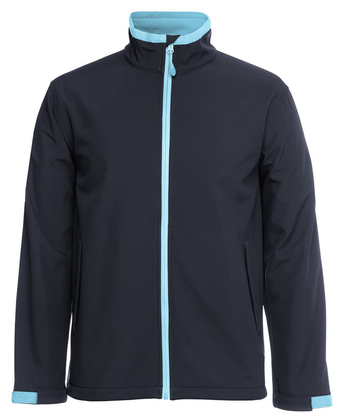 A soft shell jacket in black with light blue accents and a zip front. It features a high collar and side pockets.