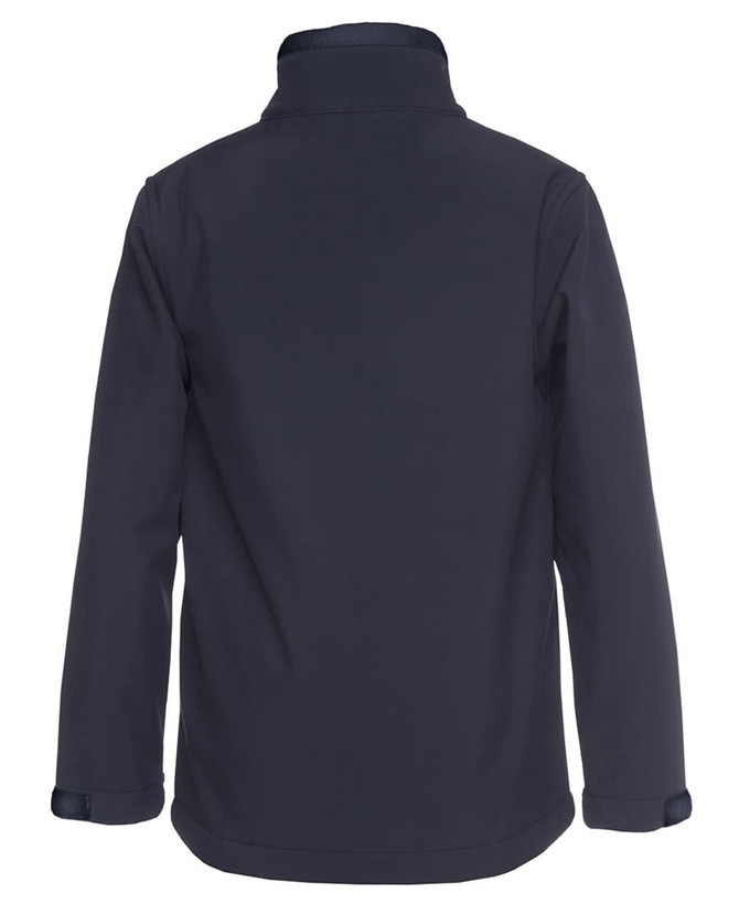 A soft shell jacket in navy blue featuring a high collar and long sleeves. It has a clean, simple design with a logo.
