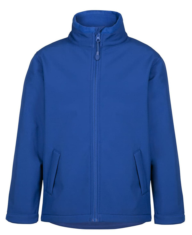 A soft shell jacket in vibrant blue, featuring a zip-up front and side pockets. It has a branding logo.