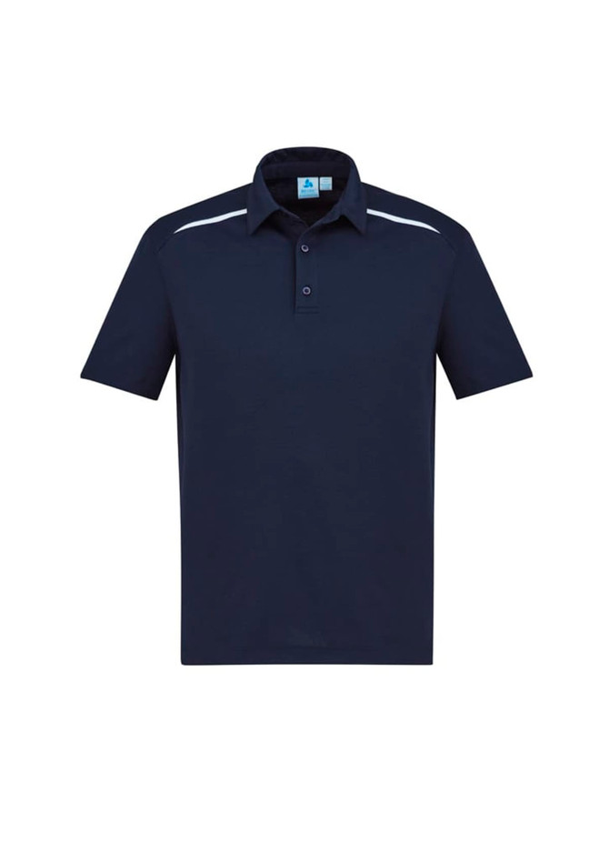 A navy blue men's short sleeve polo shirt featuring a subtle logo and white detailing on the shoulders.