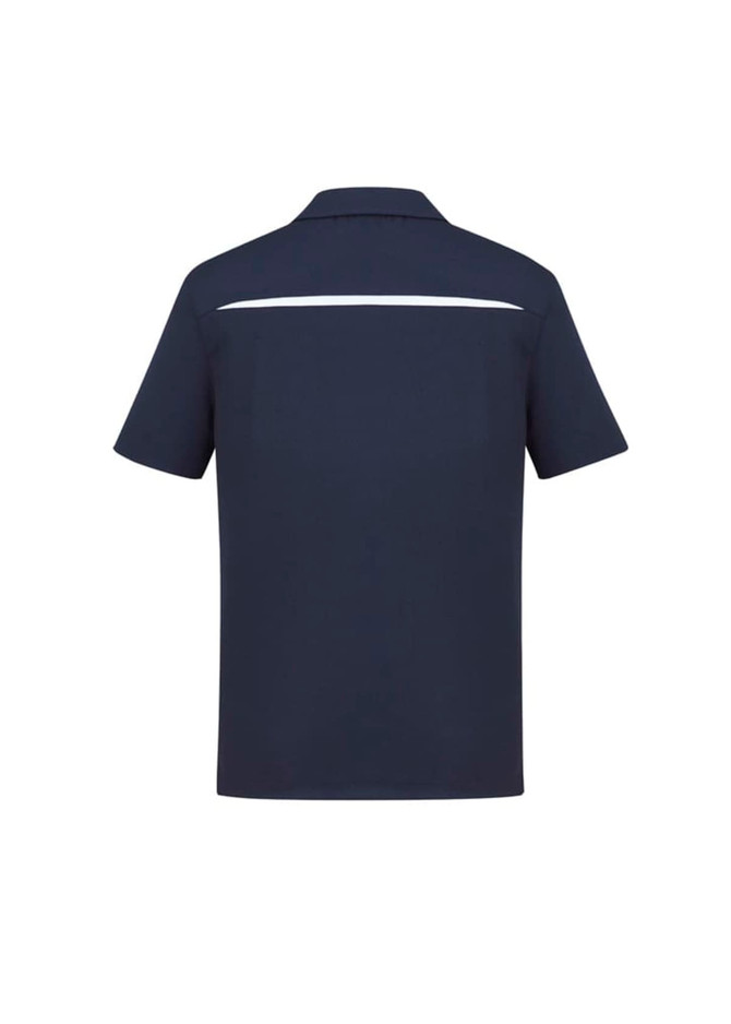 A navy short sleeve polo shirt featuring a white stripe and a logo on the back.