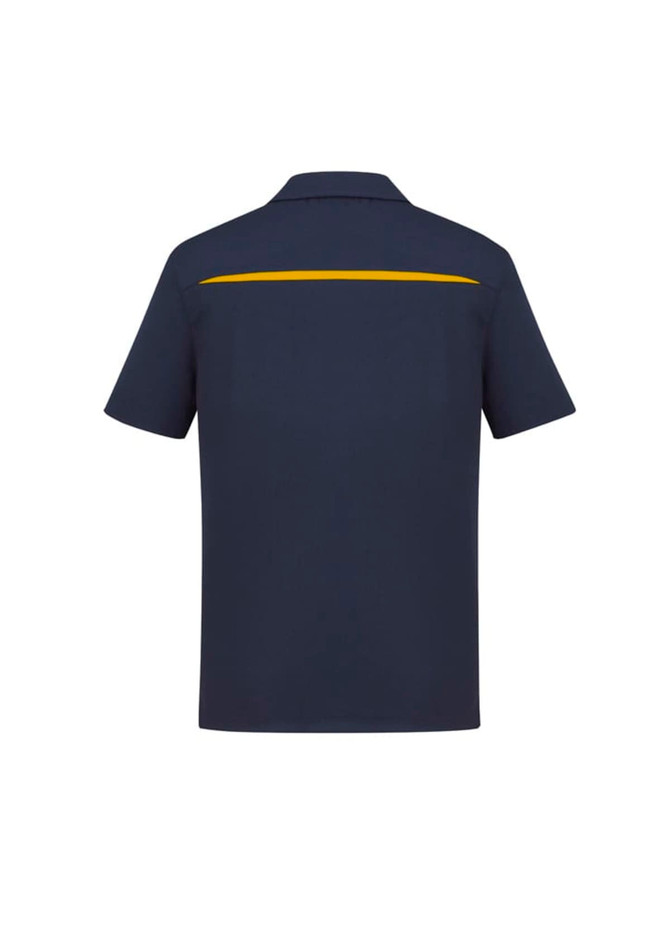 A navy blue short sleeve polo shirt featuring a yellow accent stripe on the back and a logo.