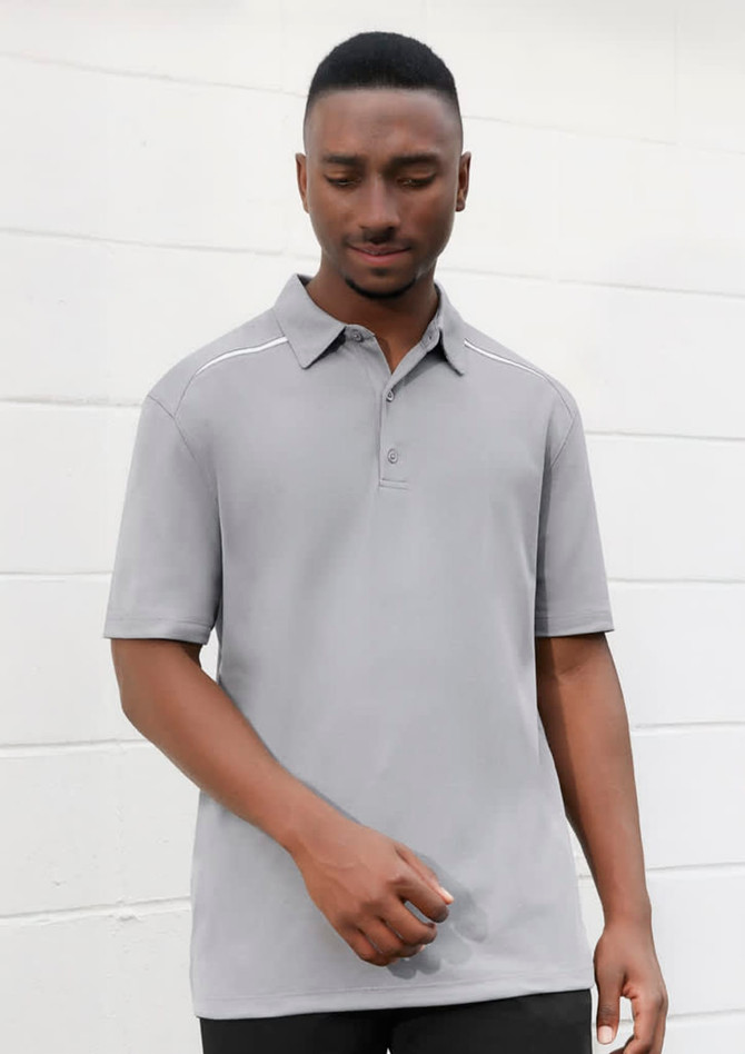 A grey short sleeve polo shirt for men with a subtle design and a logo.