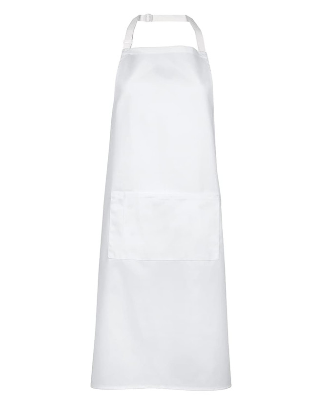 A white work apron featuring a front pocket and an adjustable neck strap. It includes a logo.