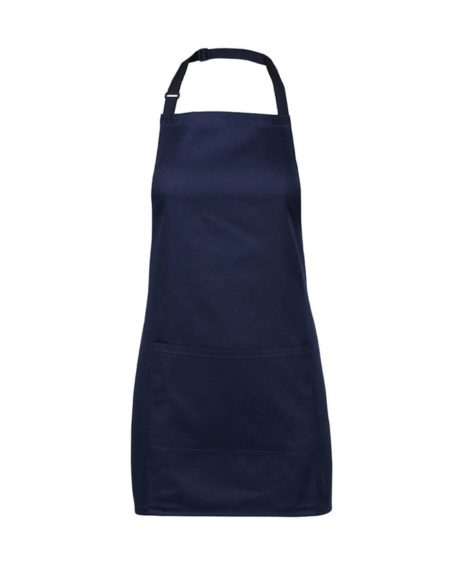 A navy blue apron featuring a front pocket and an adjustable neck strap. It has a logo branding.