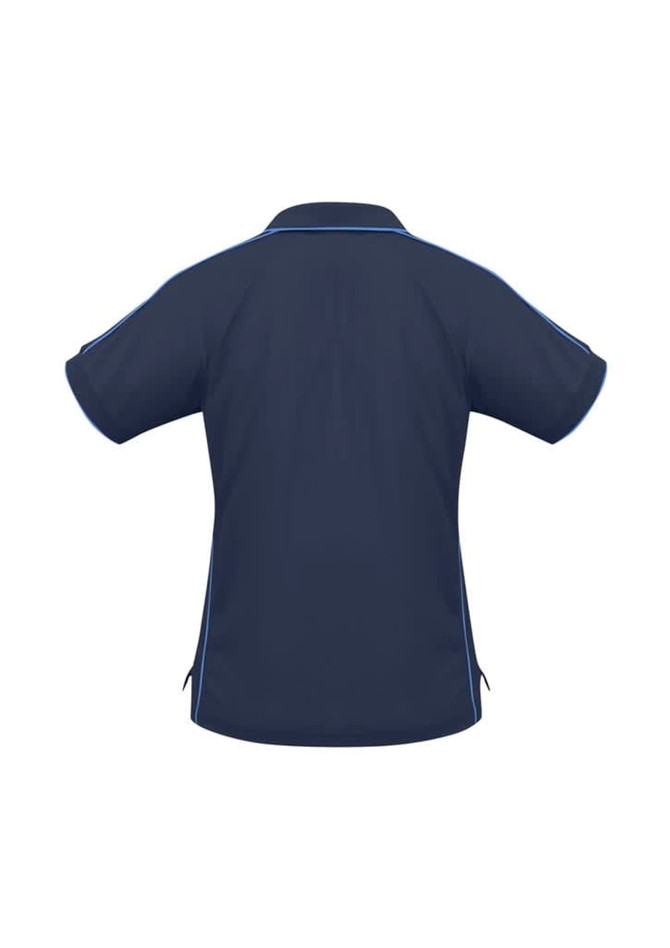 A navy women's polo shirt with short sleeves and a subtle branding design.