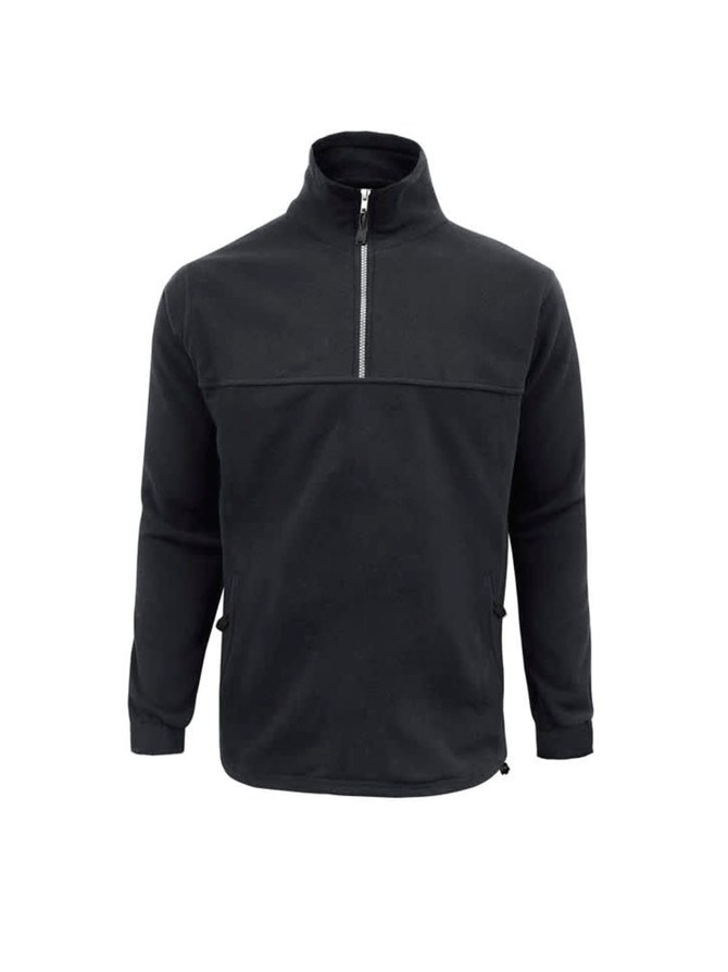 A men's heavyweight fleece jumper in black, featuring a zippered neck and side pockets. It has a logo on the front.