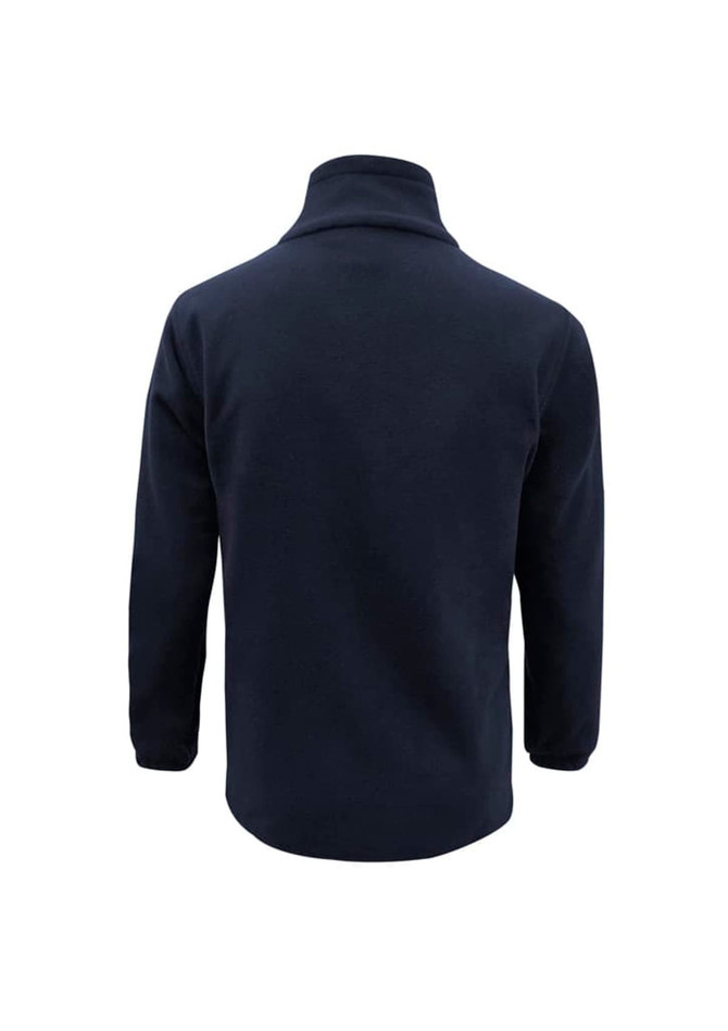 A navy blue men's plain micro fleece jacket with a high collar and long sleeves, featuring a logo.