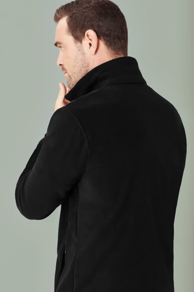 A black micro fleece jacket featuring a collar, shown from the back, with a logo on the sleeve.