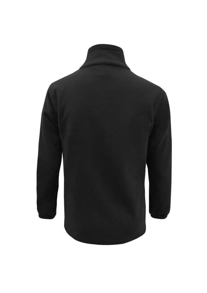 A plain black micro fleece jacket with a high collar and long sleeves, featuring a logo on the back.